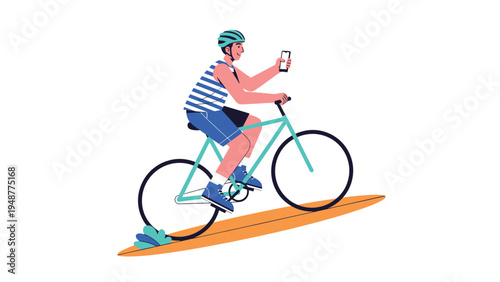 Young man wearing a helmet and striped shirt rides a bicycle while dangerously looking at his smartphone on an orange path.