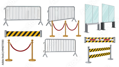 Variety of crowd control equipment including metal barriers, velvet rope stanchions, and safety caution tape for event management.