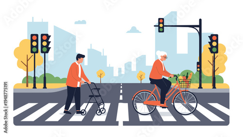 Senior man using a walker and elderly woman riding a bicycle cross a city street at a marked crosswalk near traffic lights.