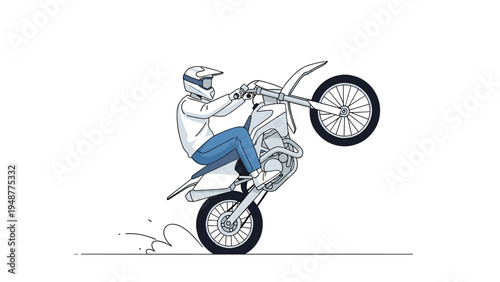 Skillful rider performing a daring wheelie stunt on a white dirt bike with dust kicking up from the rear wheel on a plain background.