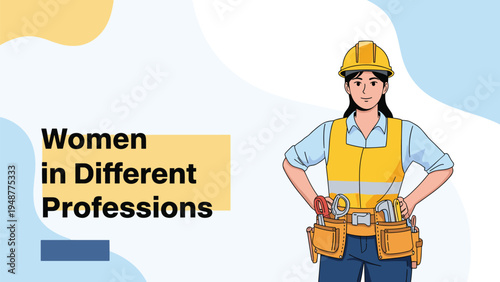 Confident female construction worker wearing a yellow hard hat and tool belt stands ready for work against a blue background.