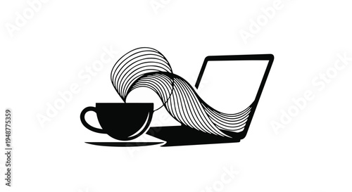 Minimalist black and white illustration of a coffee cup with steam flowing into an open laptop