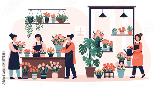 Skilled florists in aprons work in a colorful flower shop arranging bouquets and watering various indoor plants and flowers.