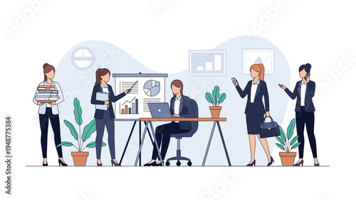 Busy businesswomen in professional attire working together in an office environment with charts, laptops, and mobile devices.