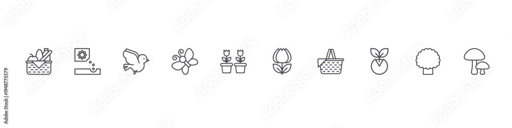 Fototapeta premium set of 10 thin line flat spring icons such as food basket, planting, bird, butterfly, flowers, tulip, basket, sprout, tree, mushrooms. editable stroke vector illustration isolated on white