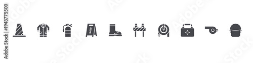 set of 10 thin line flat rescue and protective icons such as cone, lab coat,, warning, boot, road block, fire hose, first aid kit, whistle, police helmet. editable stroke vector illustration