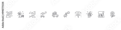 set of 10 thin line flat season icons such as rainbow, park, kite, umbrella, travel, summer, umbrella, winter tree, spring calendar, flower. editable stroke vector illustration isolated on white