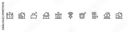 set of 10 thin line flat smarthome icons such as gate, padlock, toaster, wifi, fireplace, vision, alarm, remote control, car, home automation. editable stroke vector illustration isolated on white