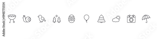 set of 10 thin line flat spring icons such as grill, snail, bird, forest, easter egg, balloon, tree, clouds and sun, calendar, umbrella. editable stroke vector illustration isolated on white