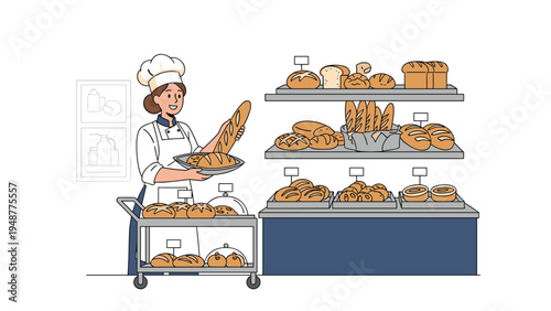 Cheerful female baker in a traditional white hat holds a tray of fresh baguettes in a bakery filled with various types of bread.