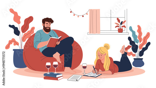 Relaxed man and woman spending time together at home while reading books and writing in notebooks with glasses of wine.
