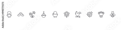 set of 10 thin line flat spring icons such as chick, worm, flower, hanging pot, chick, bird house, weather vane, ladybug, bouquet, bee. editable stroke vector illustration isolated on white