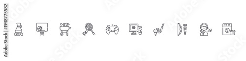 set of 10 thin line free time icons such as coffee hine, basketball, barbeque, badminton, gaming, surf, golf stick, archery, listen, washing hine. editable stroke vector illustration isolated on