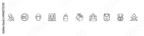 set of 10 thin line maternity icons such as mother, in vitro, pregnant, incubator, feeding bottle, baby socks, baby bag, baby bib, car seat, editable stroke vector illustration isolated on white