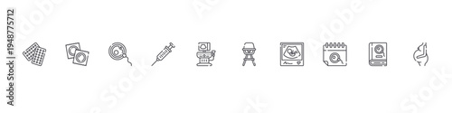 set of 10 thin line maternity icons such as contraceptive pills, condom, fertilization, syringe, sonography, high chair, ultrasound, calendar, book, pregnant. editable stroke vector illustration