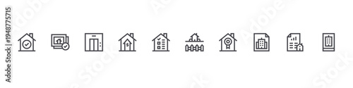set of 10 thin line real estate icons such as chosen, photo, elevator, increase, house, backyard, certified, invoice, loan, real estate. editable stroke vector illustration isolated on white