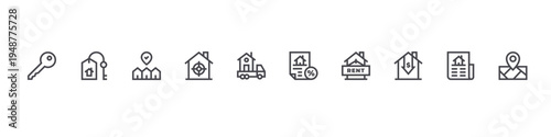 set of 10 thin line real estate icons such as key, property, location, target, moving truck, discount, rent, house, new, placeholder. editable stroke vector illustration isolated on white