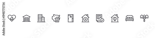 set of 10 thin line real estate icons such as favourite, garage, real estate, savings, bath, discard, blueprint, security, bedroom, house. editable stroke vector illustration isolated on white