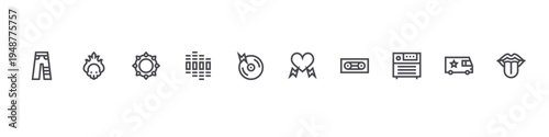 set of 10 thin line rock and roll icons such as trousers, fire, bracelet, equalizer, cd, heart, caste tape, amplifier, van, lip. editable stroke vector illustration isolated on white