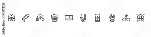 set of 10 thin line rock and roll icons such as drum, microphone, headphone, beer, money, audio jack, ticket, hand, sunglasses, disco ball. editable stroke vector illustration isolated on white