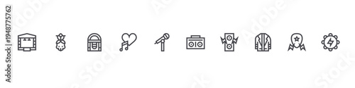set of 10 thin line rock and roll icons such as stage, skull, jukebox, love, microphone, boombox, speaker, leather jacket, guitar pick, tambourine. editable stroke vector illustration isolated on