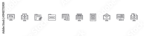 set of 10 thin line web development icons such as binary, login, link, website, backend, guidelines, wireframe, api, computer, promotion. editable stroke vector illustration isolated on white