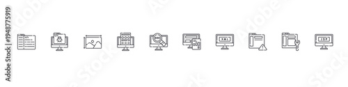 set of 10 thin line web development icons such as coding, bug, image, landing page, seo, report, xml, alert, maintenance, jsp. editable stroke vector illustration isolated on white