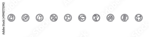 set of 10 thin line allergen free products icons such as drink, medicine, fat free, soy free, fat no fish, no alcohol, no sugar, wheat, seafood. editable stroke vector illustration isolated on white