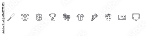 set of 10 thin line baseball icons such as baseball bat, chest protection, emblem, trophy, pom pom, baseball jersey, shoes, glove, ticket, base. editable stroke vector illustration isolated on white