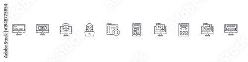 set of 10 thin line web development icons such as coding, css, database, developer, tings, web, error, portfolio, analytics, website. editable stroke vector illustration isolated on white