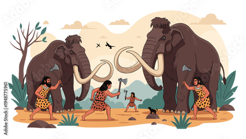 Group of prehistoric cavemen hunting giant woolly mammoths using primitive stone axes and tools in a wild landscape.