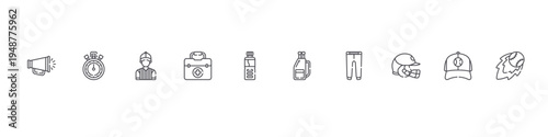 set of 10 thin line baseball icons such as megaphone, stopwatch, referee, first aid kit, water bottle, baseball bag, trousers, helmet, baseball cap, fireball. editable stroke vector illustration
