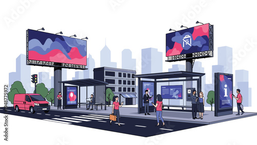 Urban street scene featuring a bus stop shelter with people waiting, digital billboards, and a red delivery vehicle.