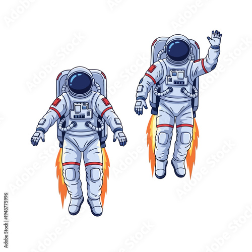 Astronauts with Jetpacks Flying in Space, One Waving Hello