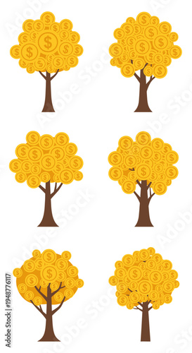 Golden Money Trees with Dollar Signs: Financial Growth, Wealth, Investment, and Success Concept