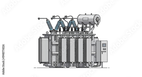 Industrial Power Transformer with Cooling Fins and Control Panel