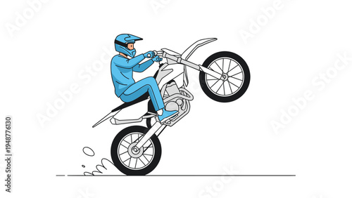 Professional motocross rider performing an impressive wheelie stunt on a dirt bike while wearing protective gear.