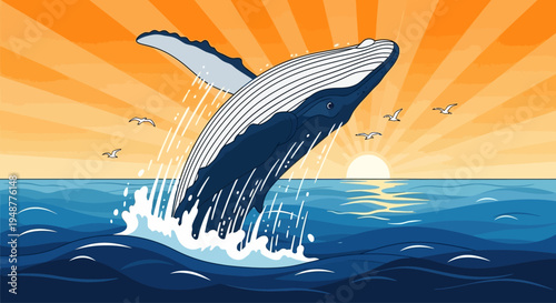 Majestic whale breaching ocean at sunset, pixel art style, vibrant orange sky, seagulls flying