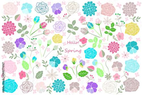 Colorful Spring Flower and Leaf Collection with Roses, Pansies and Daisies in Pastel Colors, Hand Drawn Floral Elements Set for Design