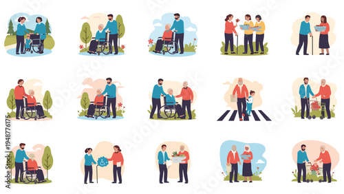 Large collection of illustrations depicting kind volunteers assisting elderly people with their daily activities.