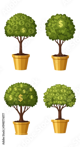 Money Tree Growth: Potted Plants Bearing Dollar Coins and Bills
