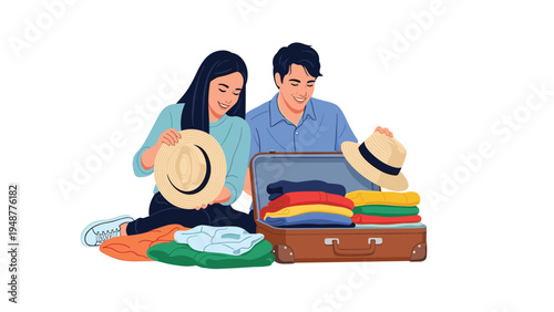 Young couple smiling as they carefully pack their vacation suitcase with summer clothes and stylish straw hats.