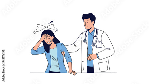 Concerned medical doctor providing support to a female patient experiencing symptoms of dizziness and headache.