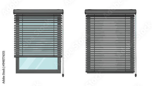 Realistic illustration of two horizontal window blinds in dark gray, one partially raised and the other fully closed.