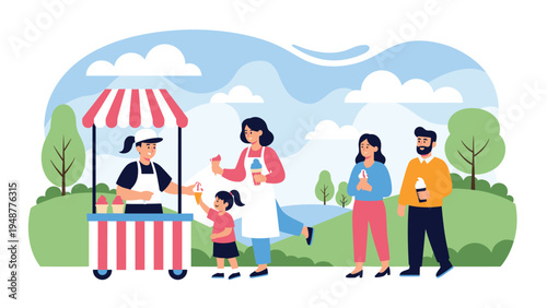 Happy family with a young child purchasing colorful ice cream cones from a street vendor at a park on a sunny day.