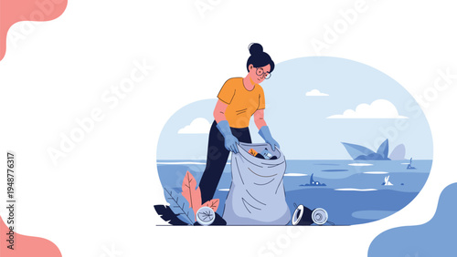 Dedicated female volunteer picking up plastic waste and trash on a beach to protect the marine environment and ocean.