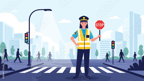 Female traffic controller wearing a bright safety vest and holding a stop sign to ensure pedestrian safety in the city.