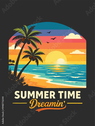 Vector summer beach scene with palm trees and sunset isolated on Transparent Background