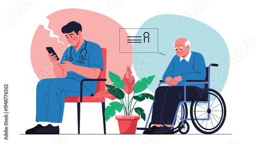 Unprofessional healthcare worker smoking and using a phone while ignoring an elderly patient waiting in a wheelchair.