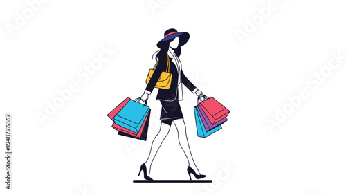 Elegant silhouette of a fashionable woman walking confidently while carrying multiple colorful shopping bags.